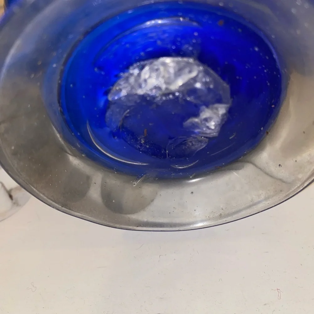 Vintage Hand Blown Confetti Fused Plum Blossom Cobalt Blue Glass MCM Vase 9.5”H